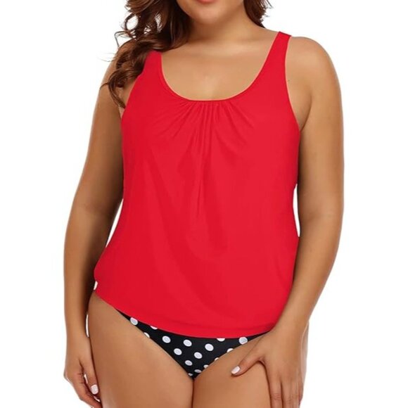 Yonique 2-Piece Swimsuit Blouson Tankini Tummy Control Polka Dot Bottom 24W - Picture 3 of 12